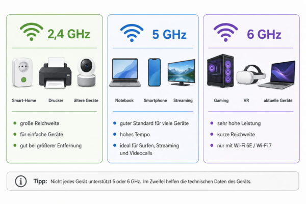 Welches WLAN-Band passt zu welchem Gerät? 2,4 GHz, 5 GHz und 6 GHz WLAN im Vergleich für typische Geräte im Heimnetz