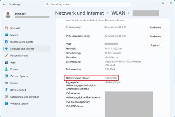 WLAN-Band unter Windows 11 prüfen Windows 11 zeigt das verwendete WLAN-Band mit 2,4 GHz und Kanal 11