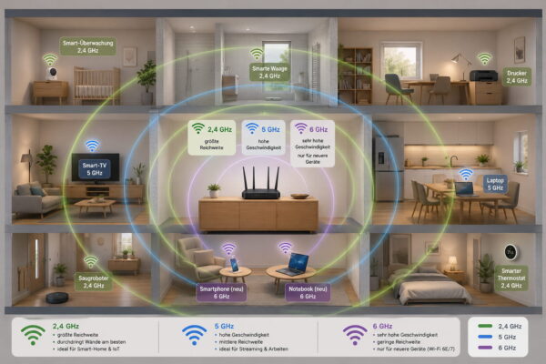 WLAN-Frequenzbänder nach Reichweite und Geschwindigkeit vergleichen 2,4 GHz, 5 GHz und 6 GHz zur Verbesserung der WLAN-Reichweite im Vergleich