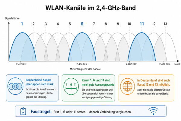 WLAN-Kanäle im 2,4-GHz-Band mit den empfohlenen Kanälen 1, 6 und 11