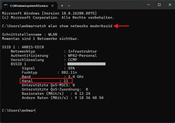 WLAN-Kanal 11 mit dem Windows-Befehl netsh wlan anzeigen