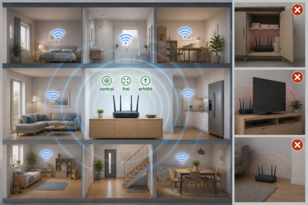 Router zentral und erhöht aufstellen für bessere WLAN-Reichweite Optimaler Router-Standort, um die WLAN-Reichweite zu verbessern