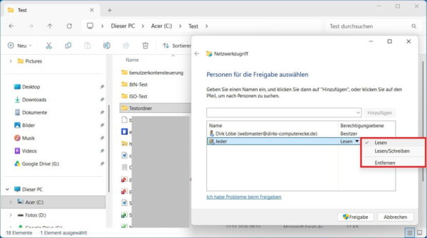 Lesen oder Schreiben für Netzwerkfreigabe festlegen Berechtigungen für einen freigegebenen Ordner unter Windows 11