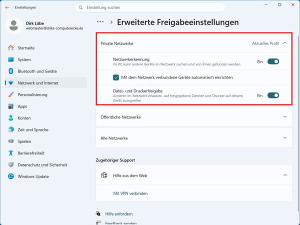 Erweiterte Freigabeeinstellungen in Windows 11 Netzwerkerkennung und Datei- und Druckerfreigabe unter Windows 11