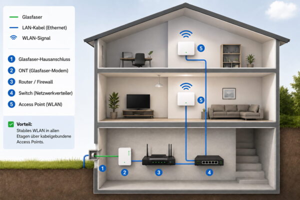 Glasfaser-Router im Keller mit Switch und Access Points im Haus