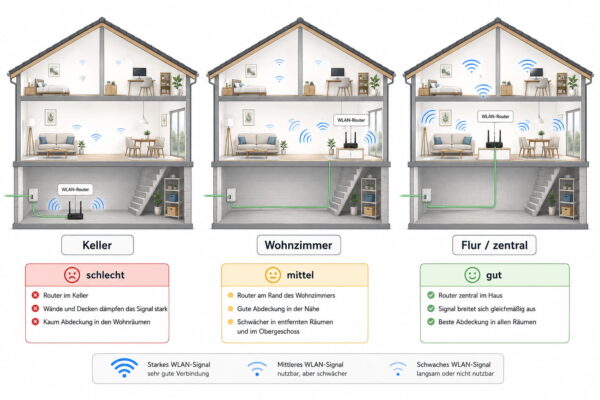 Glasfaser-Router im Keller, Wohnzimmer und Flur im Vergleich