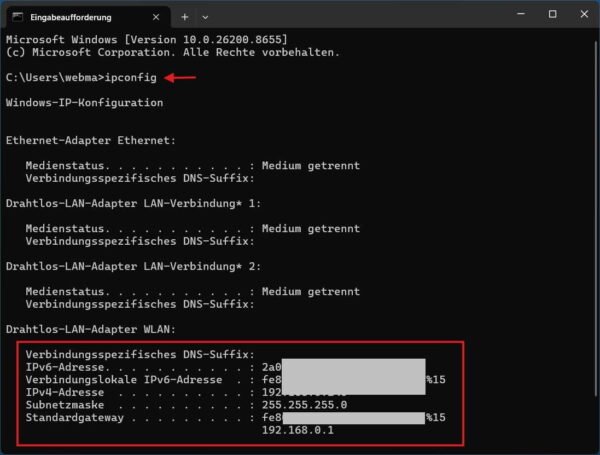 IP-Konfiguration unter Windows mit ipconfig prüfen ipconfig-Ausgabe mit IPv4-Adresse, Subnetzmaske und Standardgateway unter Windows