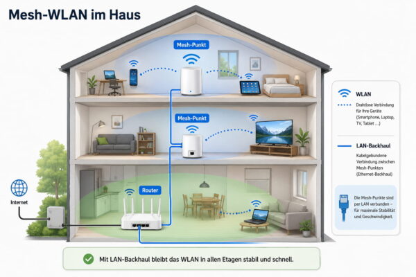 Mesh-WLAN mit LAN-Backhaul für stabile WLAN-Abdeckung im Haus Mesh-WLAN im Haus mit LAN-Backhaul über mehrere Etagen