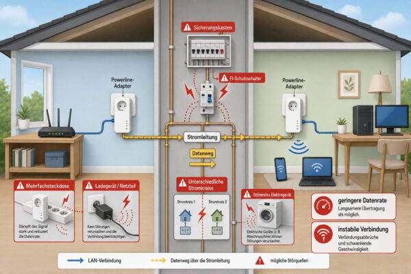 Powerline: typische Störquellen und Nachteile im Heimnetz Powerline Nachteile durch Störquellen wie Mehrfachsteckdose, Netzteil und unterschiedliche Stromkreise