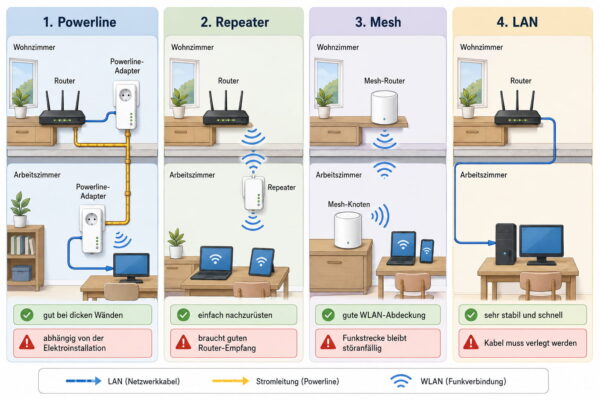 Powerline, Repeater, Mesh oder LAN im Vergleich Vergleich von Powerline, Repeater, Mesh und LAN im Heimnetz