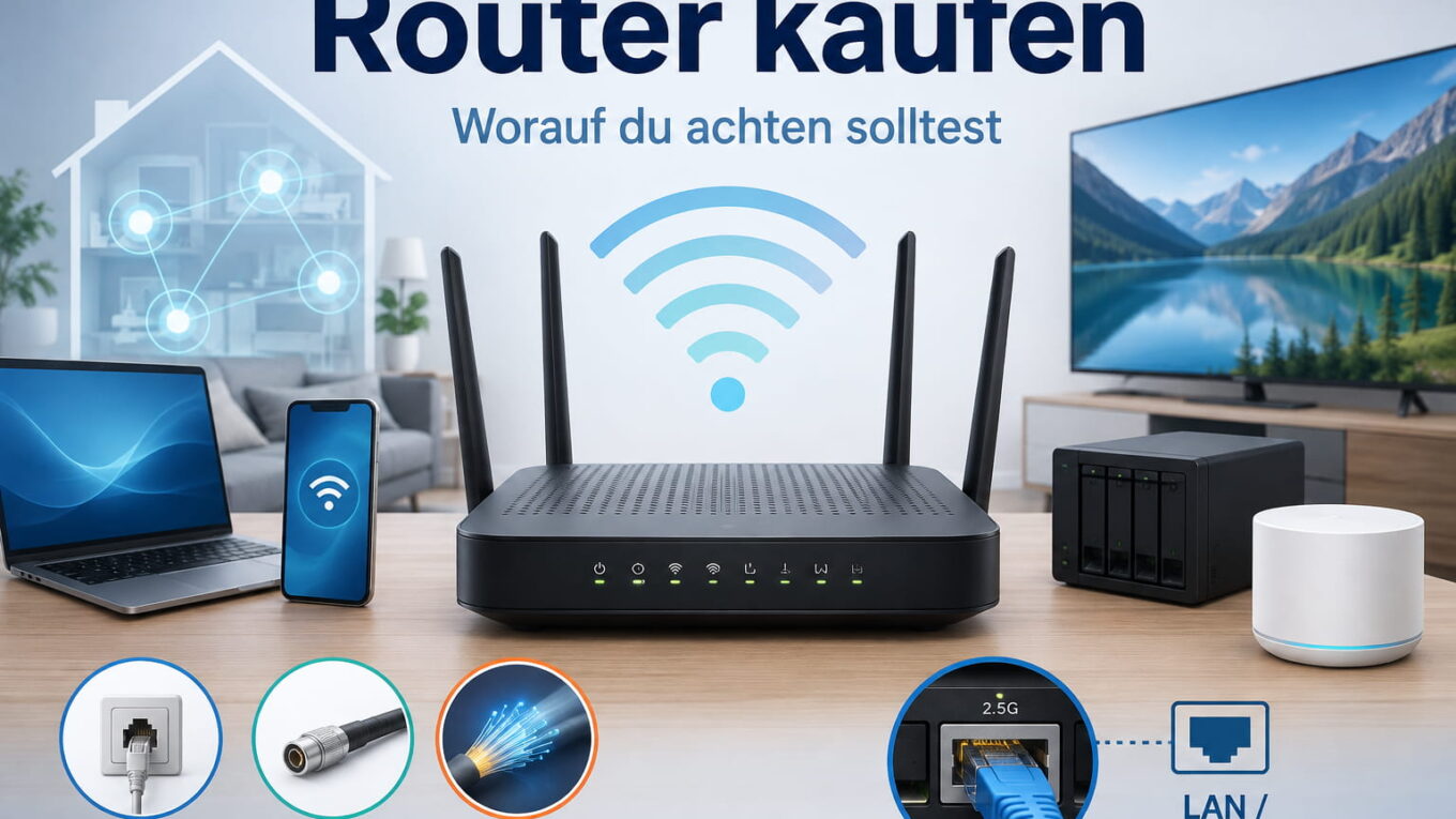 Router kaufen: WLAN-Router mit wichtigen Anschlüssen und Heimnetzwerk-Geräten