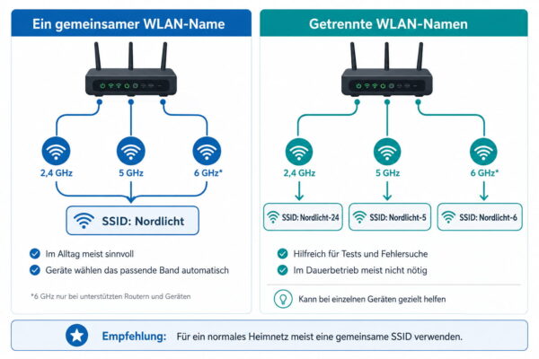 Gemeinsame oder getrennte SSID im WLAN Erklärgrafik zu SSID ändern mit gemeinsamer oder getrennter SSID für 2,4, 5 und 6 GHz