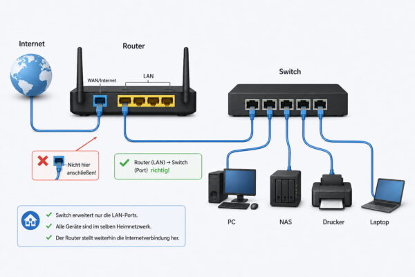 Switch korrekt an den Router anschließen Switch an den Router anschließen und weitere Netzwerkgeräte per LAN verbinden