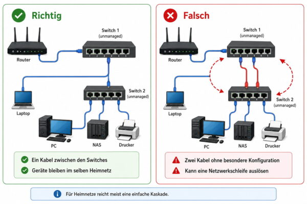 Switches korrekt verbinden statt Schleife erzeugen Zwei Switches richtig verbinden und eine Netzwerkschleife im Heimnetz vermeiden