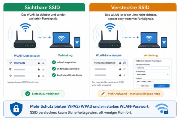 Verstecktes WLAN und sichtbare SSID im Vergleich Verstecktes WLAN im Vergleich zu sichtbarer SSID mit Hinweis auf geringe Sicherheitsvorteile