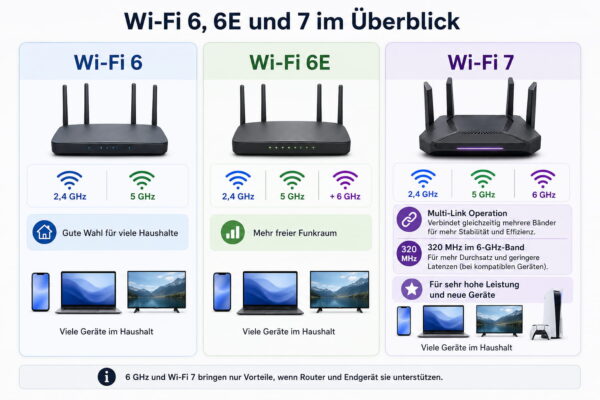 Unterschiede zwischen Wi-Fi 6, Wi-Fi 6E und Wi-Fi 7 Wi-Fi 6, Wi-Fi 6E und Wi-Fi 7 im Vergleich