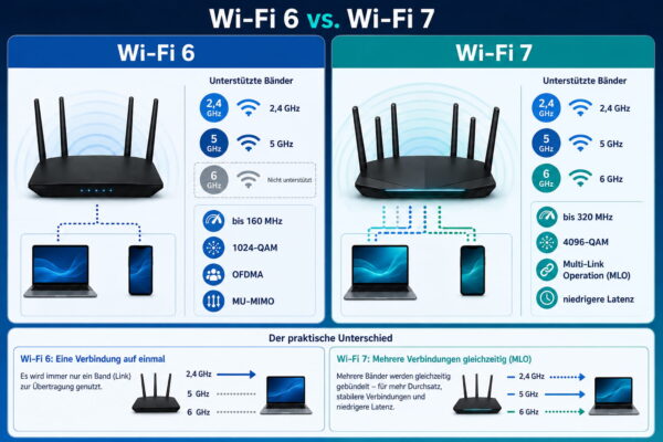 Wi-Fi 6 und Wi-Fi 7 im Vergleich mit Frequenzbändern und wichtigen Unterschieden