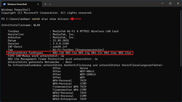 Wi-Fi-Standard unter Windows mit netsh wlan show drivers prüfen