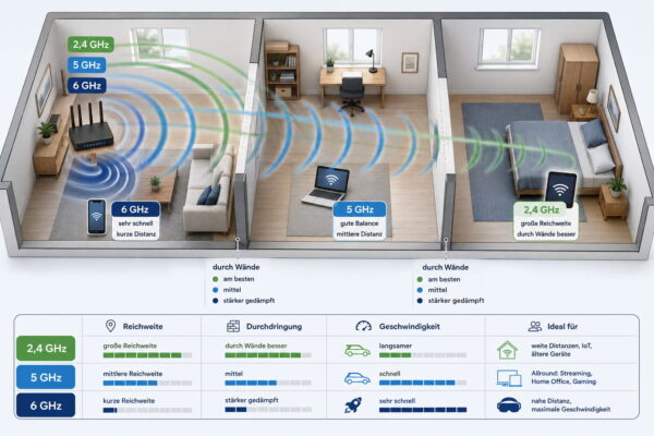 Vergleich von 2,4 GHz, 5 GHz und 6 GHz bei Reichweite, Wanddurchdringung und Geschwindigkeit im WLAN