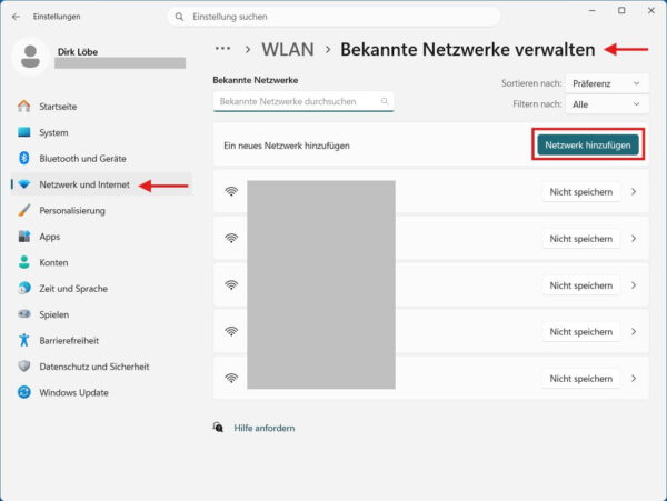 Verstecktes WLAN unter Windows 11 hinzufügen Verstecktes WLAN unter Windows 11 über bekannte Netzwerke hinzufügen