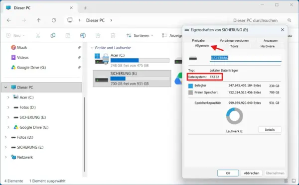 Dateisystem einer USB-Festplatte in Windows 11 anzeigen Dateisystem einer USB-Festplatte unter Windows 11 überprüfen – Eigenschaften zeigen FAT32