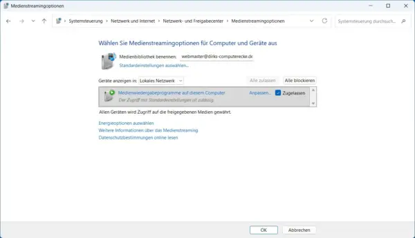 DLNA-Geräte für den Zugriff auf die Medienbibliothek freigeben DLNA-Medienstreamingoptionen unter Windows 11 mit zugelassenen Geräten und dem Namen der Medienbibliothek