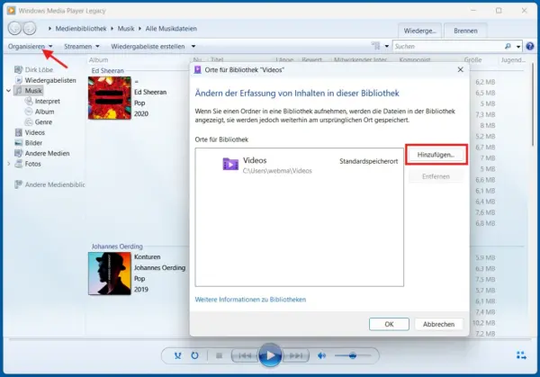 Eigene Medienordner zur DLNA-Bibliothek unter Windows 11 hinzufügen Medienordner für DLNA unter Windows 11 im Windows Media Player Legacy zur Videobibliothek hinzufügen