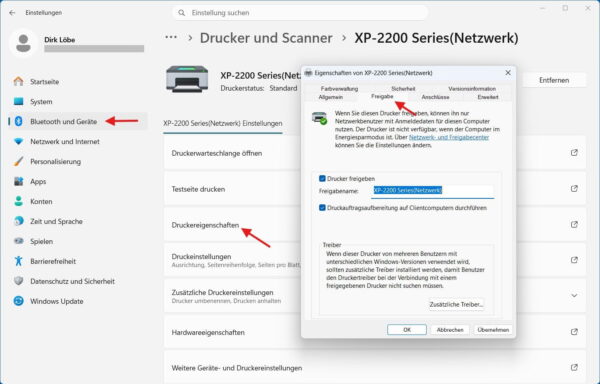 Druckerfreigabe unter Windows 11 einrichten Drucker unter Windows 11 über die Druckereigenschaften im Netzwerk freigeben