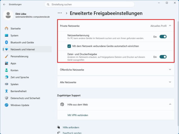 Freigabeeinstellungen für die Druckerfreigabe unter Windows 11 Windows 11 mit aktivierter Netzwerkermittlung und Datei- und Druckerfreigabe