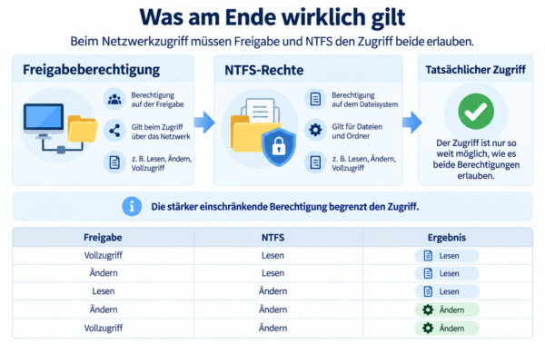 Welche Rechte beim Netzwerkzugriff tatsächlich gelten Zusammenspiel von Freigabeberechtigungen und NTFS-Rechten beim Netzwerkzugriff