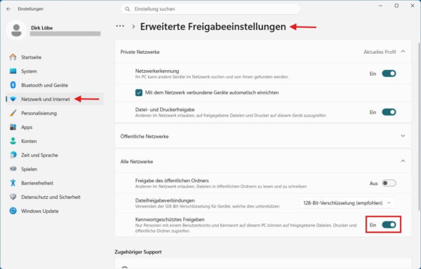 Kennwortgeschützte Freigabe in den erweiterten Freigabeeinstellungen von Windows 11 aktivieren