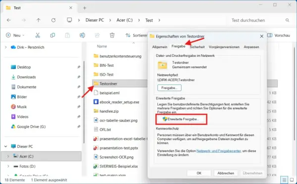 Windows 11: Ordner über die erweiterte Freigabe im Netzwerk freigeben Ordner unter Windows 11 für den Zugriff vom Smart-TV freigeben