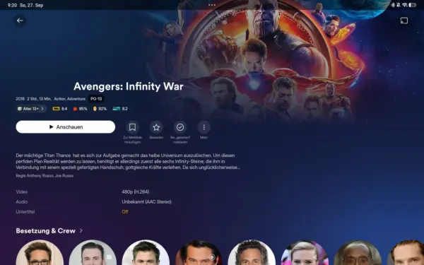 Film in der Plex-App Film mit Cover und Metadaten in der Plex-App auf dem Tablet