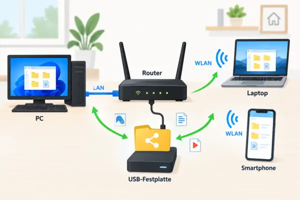 USB-Festplatte am Router als Netzwerkspeicher nutzen USB-Festplatte am Router als Mini-NAS mit Zugriff von PC, Laptop und Smartphone über das Heimnetz