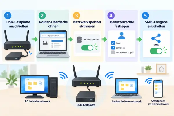 USB-Festplatte am Router im Heimnetz freigeben USB-Festplatte am Router anschließen und im Heimnetz freigeben – 5 Schritte von der Einrichtung bis zur SMB-Freigabe