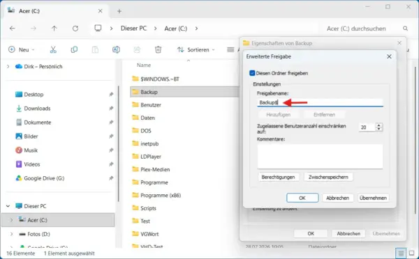 Versteckte Freigabe mit $ in Windows erstellen Versteckte Freigabe mit Backup$ unter Windows erstellen
