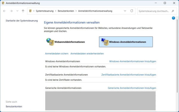 Windows 11 Anmeldeinformationsverwaltung mit dem Bereich Windows-Anmeldeinformationen
