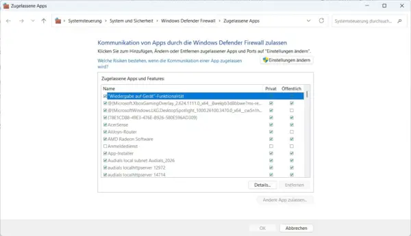 Apps durch die Windows 11 Firewall zulassen Zugelassene Apps in der Windows 11 Firewall für private und öffentliche Netzwerke