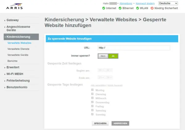 ARRIS Router – Webseite über die Kindersicherung sperren ARRIS Kindersicherung: Webseite sperren und Zeitplan festlegen
