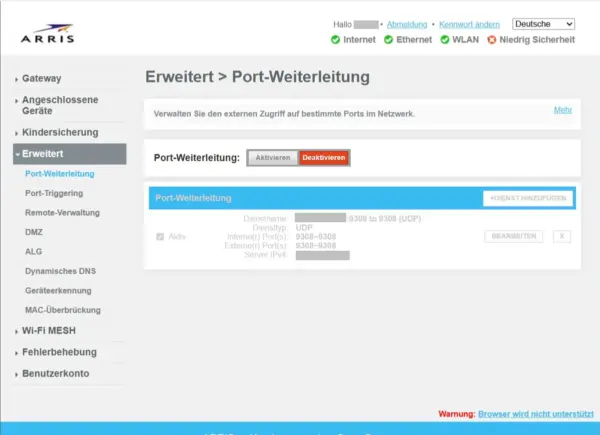 ARRIS TG3442 – Portfreigabe im Router einrichten Portfreigabe im ARRIS-Router unter Erweitert und Port-Weiterleitung einrichten