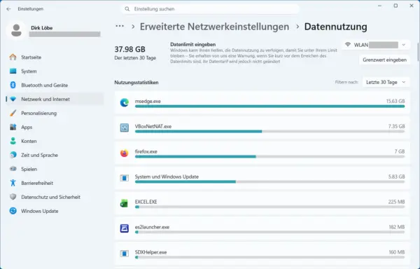 Datenverbrauch einzelner Programme unter Windows 11 anzeigen Datennutzung unter Windows 11 mit Netzwerk-Traffic einzelner Programme