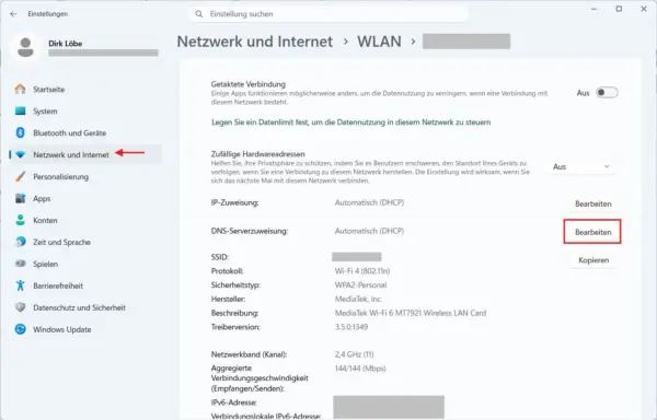 DNS-Serverzuweisung in Windows 11 bearbeiten DNS-Server in Windows 11 ändern über die Netzwerkeinstellungen