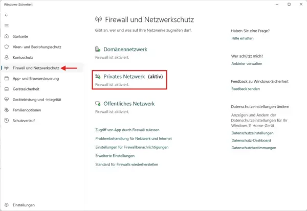 Windows 11 Firewall und Netzwerkschutz prüfen Windows 11 Firewall ist im privaten Netzwerk aktiviert