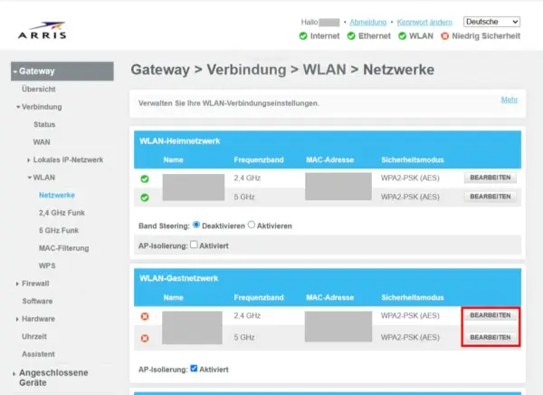 ARRIS-Router: WLAN-Gastnetzwerk einrichten Gastnetzwerk am ARRIS-Router über die WLAN-Einstellungen einrichten