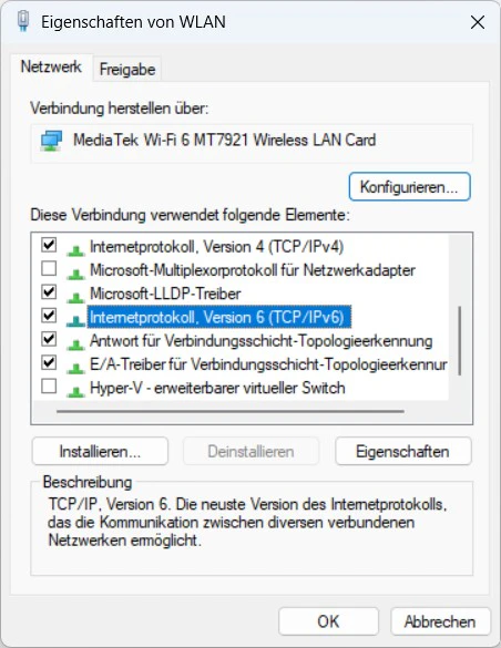 IPv6 unter Windows 11 in den WLAN-Adaptereigenschaften aktivieren