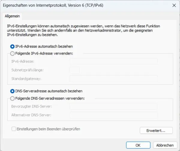 IPv6-Adresse und DNS-Server unter Windows 11 automatisch beziehen
