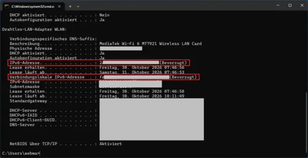 IPv6 im Heimnetzwerk prüfen mit ipconfig unter Windows 11
