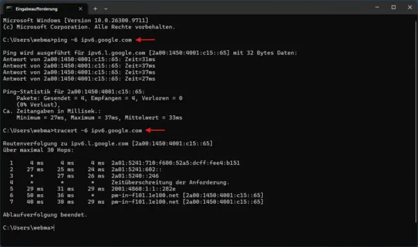 IPv6-Verbindung unter Windows 11 mit ping und tracert erfolgreich testen