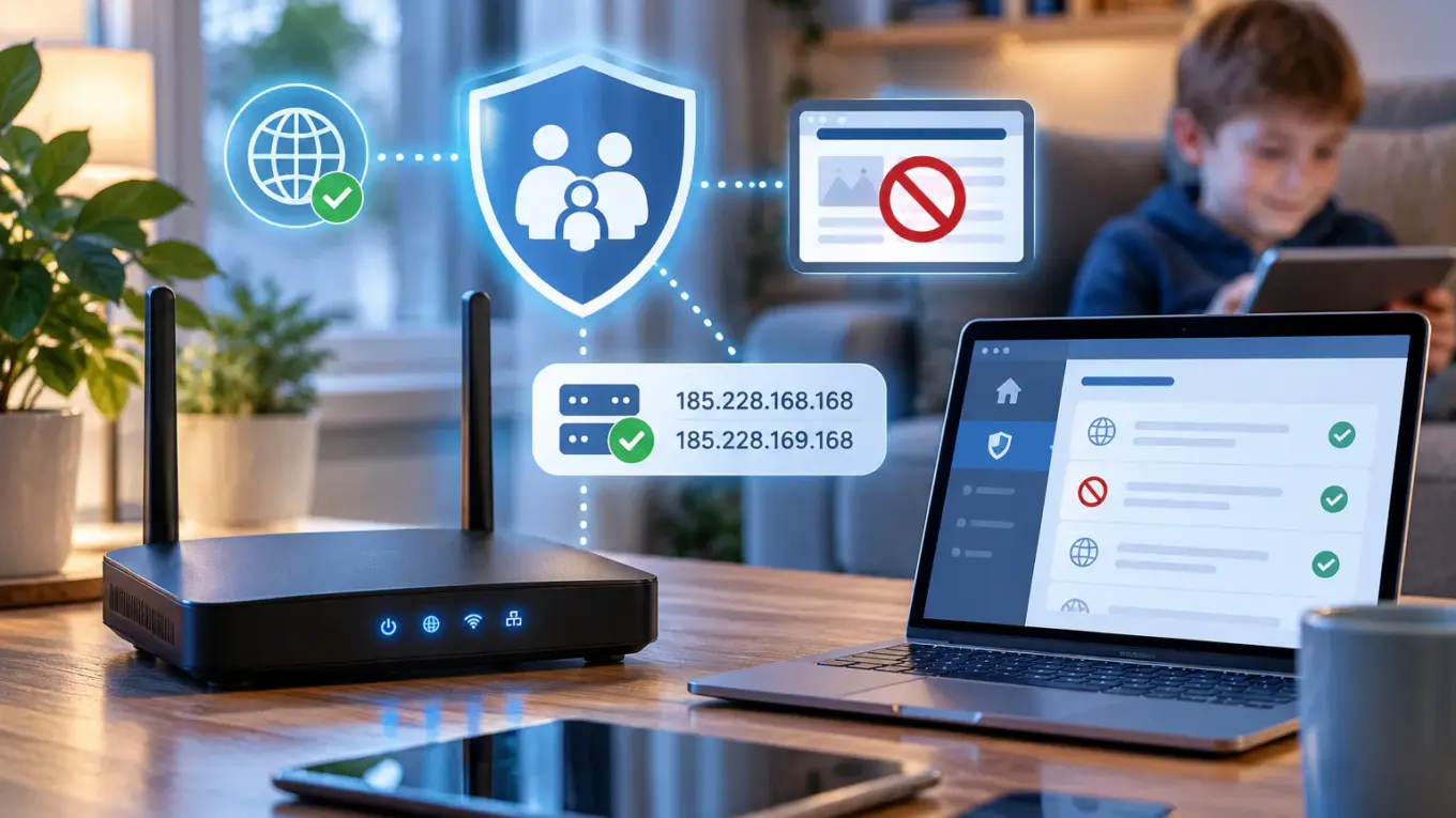 Jugendschutz-Filter im Heimnetzwerk mit WLAN-Router und geschützten Geräten