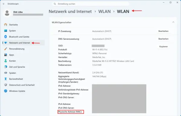 Physische MAC-Adresse unter Windows 11 herausfinden MAC-Adresse unter Windows 11 in den WLAN-Eigenschaften anzeigen